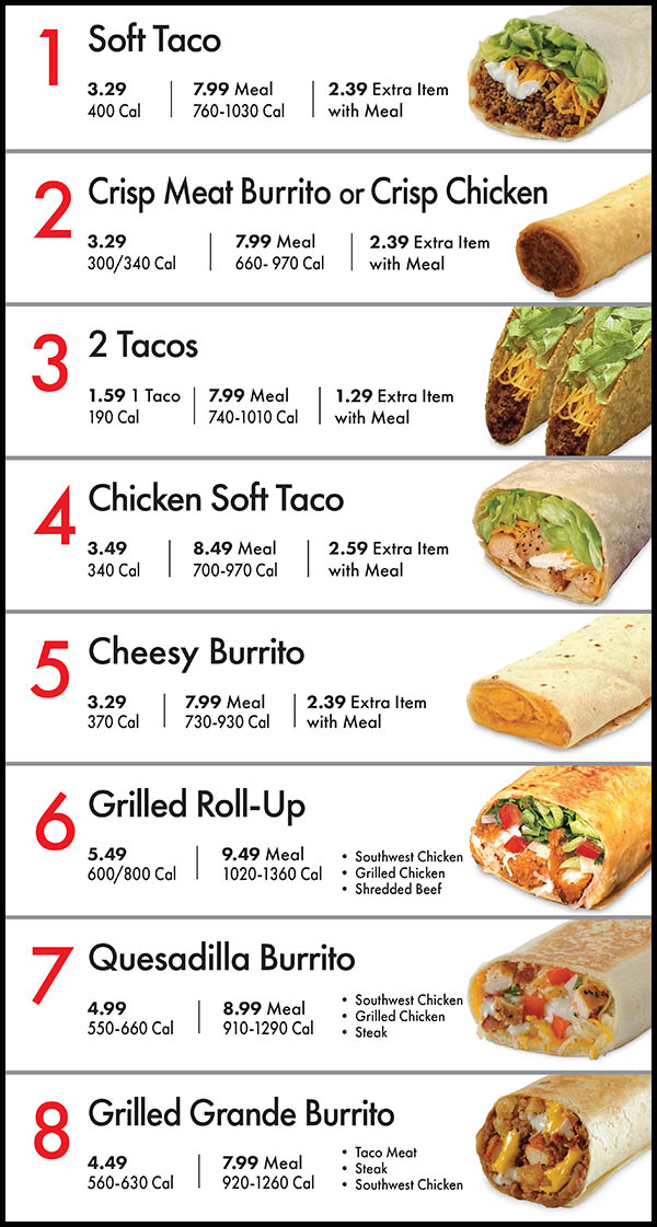 Amigos / Kings Classic Menu
1Soft Taco 2.89 6.79 Meal
400 Cal 760-1030 Cal
1.99 Extra Item
with Meal

2Crisp Meat Burrito or Crisp Chicken 2.99 6.99 Meal
300/340 Cal 660- 970 Cal
1.99 Extra Item
with Meal

32 Tacos 1.39 1 Taco 6.29 Meal
190 Cal 740-1010 Cal
.99 Extra Item
with Meal

4Chicken Soft Taco 2.99 6.99 Meal
340 Cal 700-970 Cal
2.49 Extra Item
with Meal