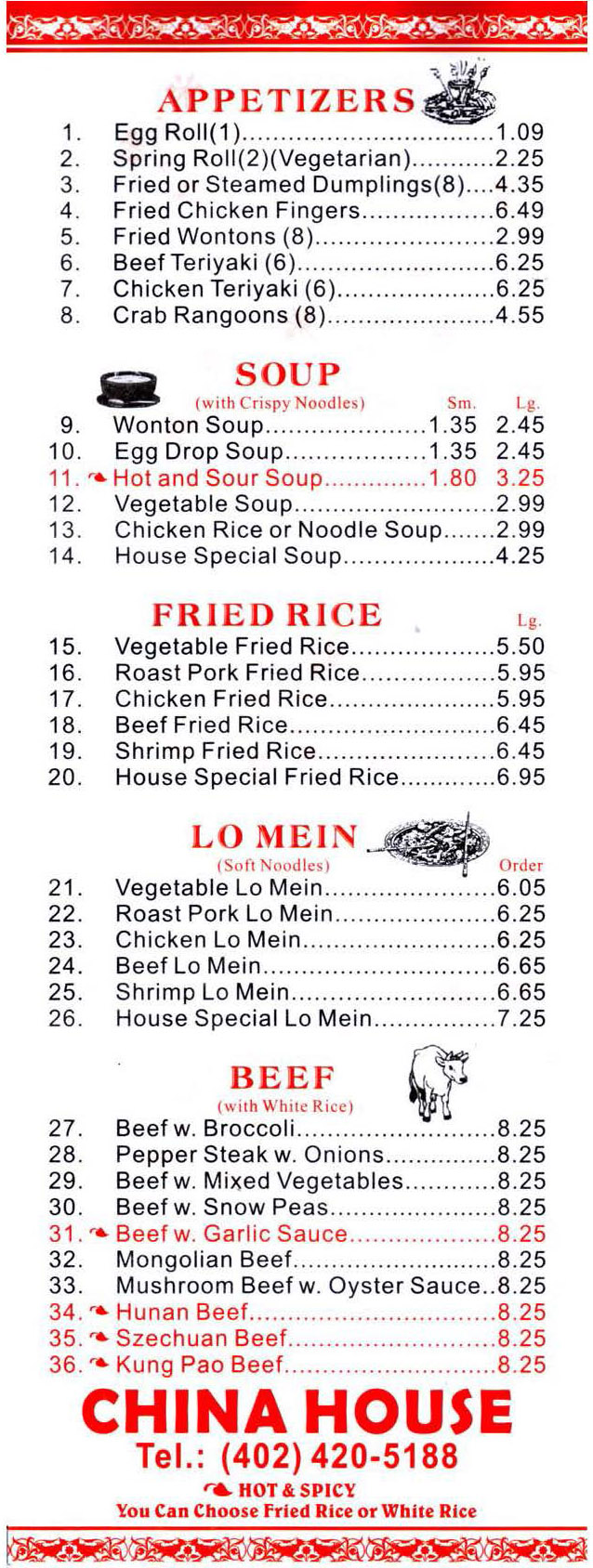 China House Chinese Restaurant Menu 402 420 5188 Lincoln NE 