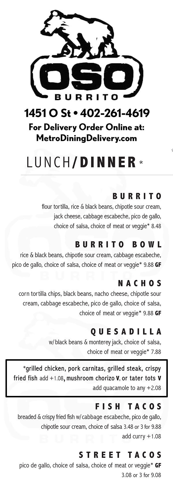 OSO Burrito Restaurant Menu - Lincoln Nebraska