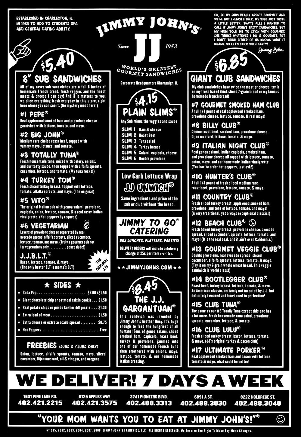 Jimmy John #39 s Delivery Menu With Prices Lincoln NE Provided by