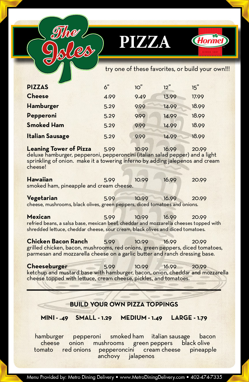 The Isles Pub & Pizza Menu - (402) 464-1858 - Lincoln NE - Provided by ...