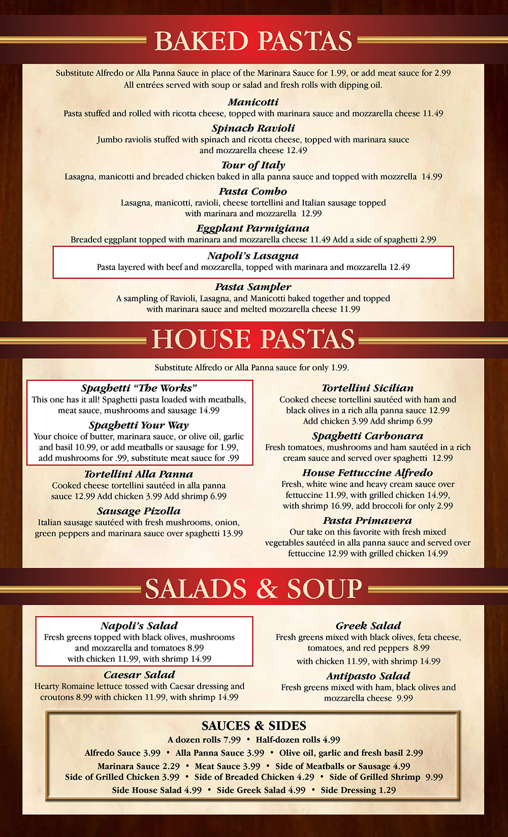 Napoli s Italian Restaurant South Dinner Menu Delivery Order 