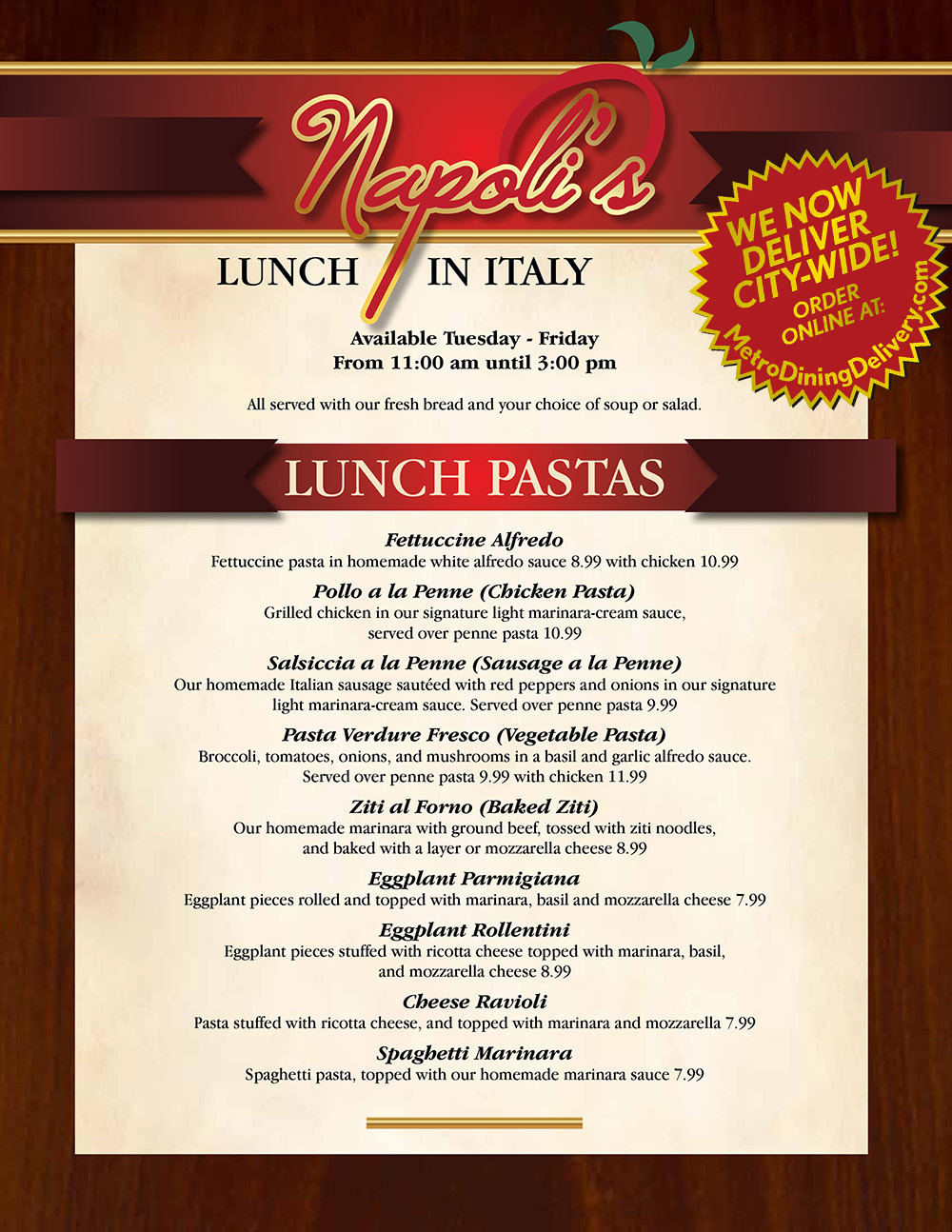 menu italian lunch restaurant napolis metro delivery menus napoli dining italy order mozzarella tuesday fees rates hours fresh